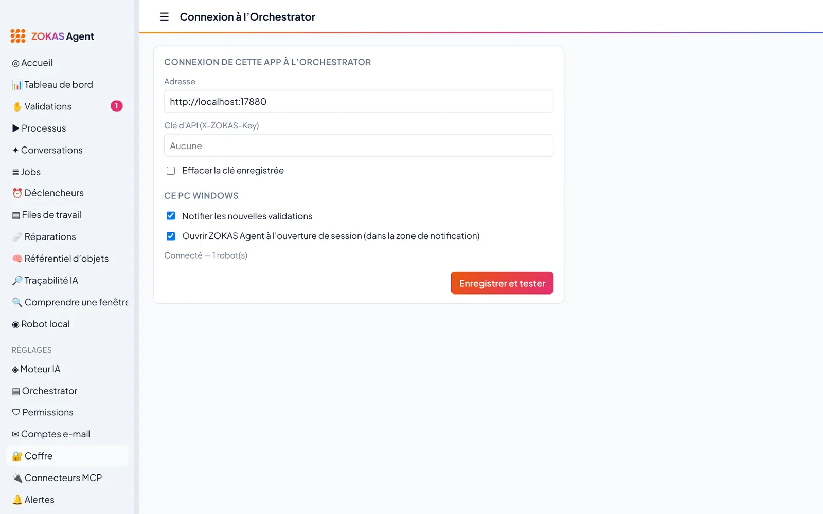 Page Connexion à l’Orchestrator : adresse http://localhost:17880, clé d’API, notifications et ouverture à l’ouverture de session