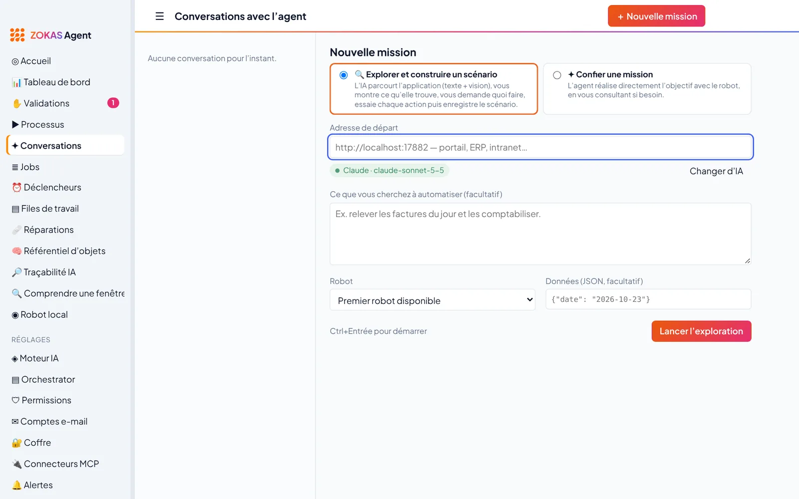Nouvelle mission : explorer et construire un scénario ou confier une mission, adresse de départ, objectif et robot