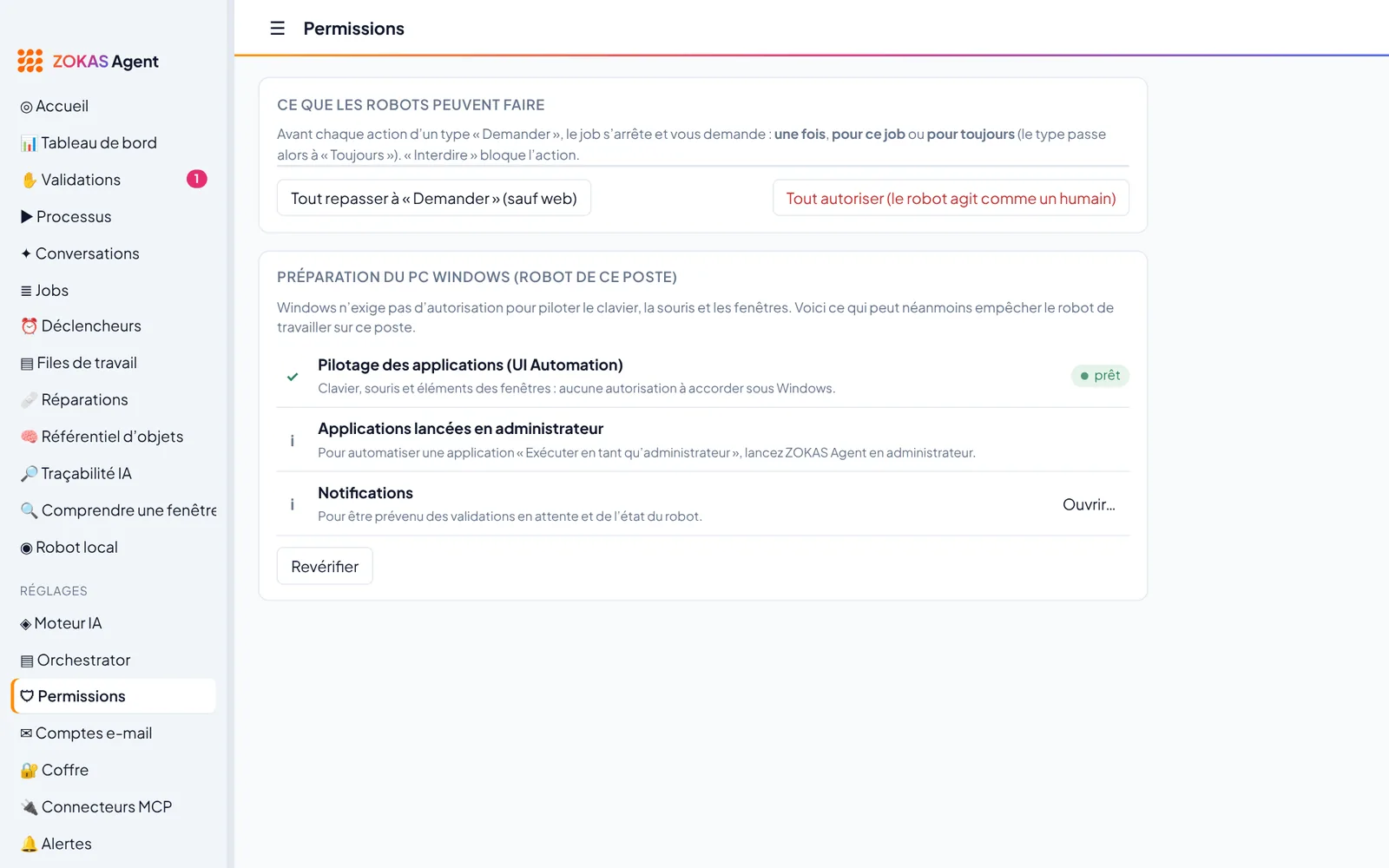 Page Permissions : préparation du PC Windows, pilotage des applications prêt, applications lancées en administrateur et notifications