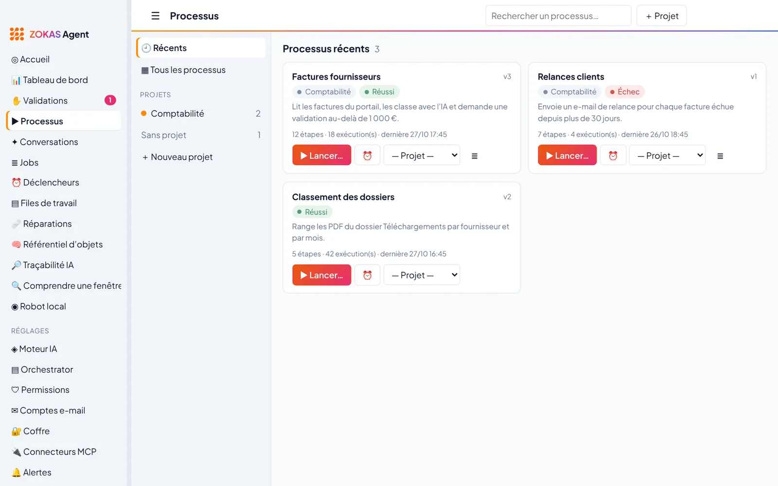 Page Processus d’Agent : projets à gauche, cartes Factures fournisseurs, Relances clients et Classement des dossiers