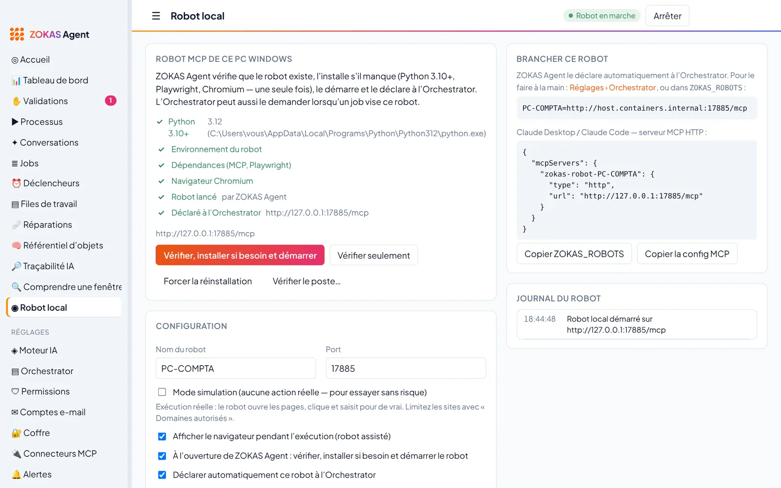 Page Robot local : toutes les vérifications sont vertes, configuration du nom, du port 17885 et des options du robot