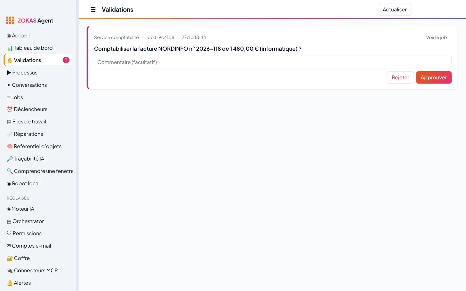 Page Validations : demande de comptabilisation d’une facture de 1 480 € avec les boutons Rejeter et Approuver