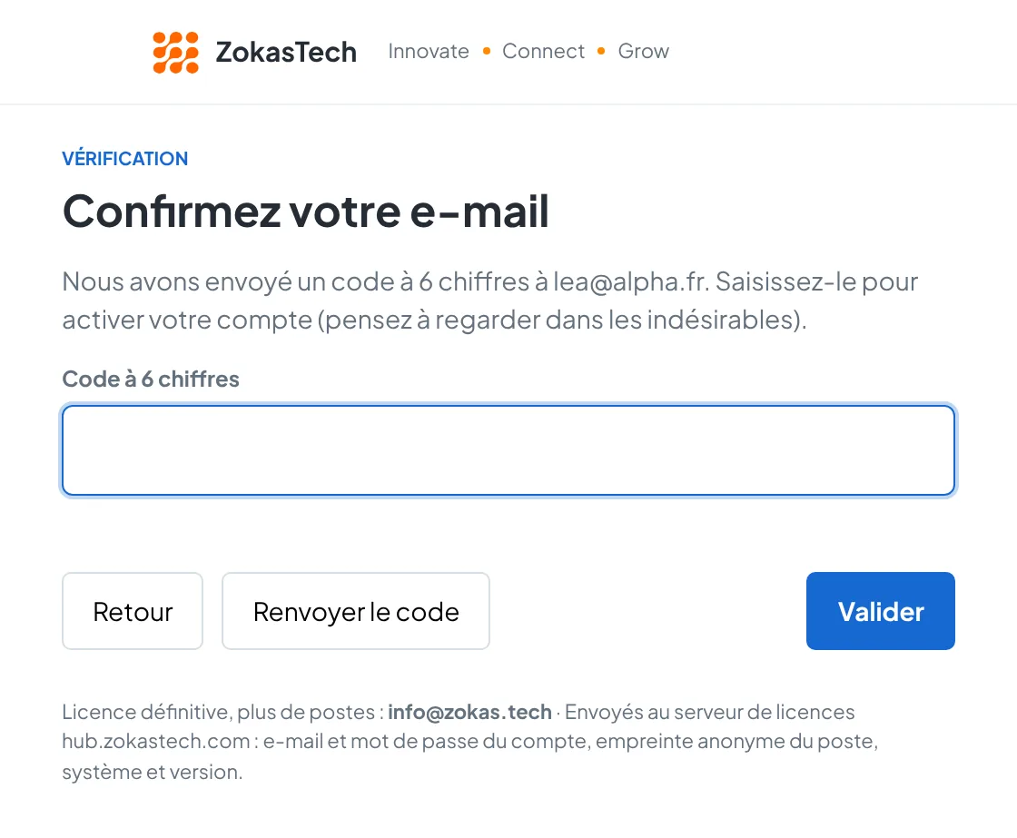 Fenêtre Confirmez votre e-mail avec le champ du code à 6 chiffres et les boutons Renvoyer le code et Valider
