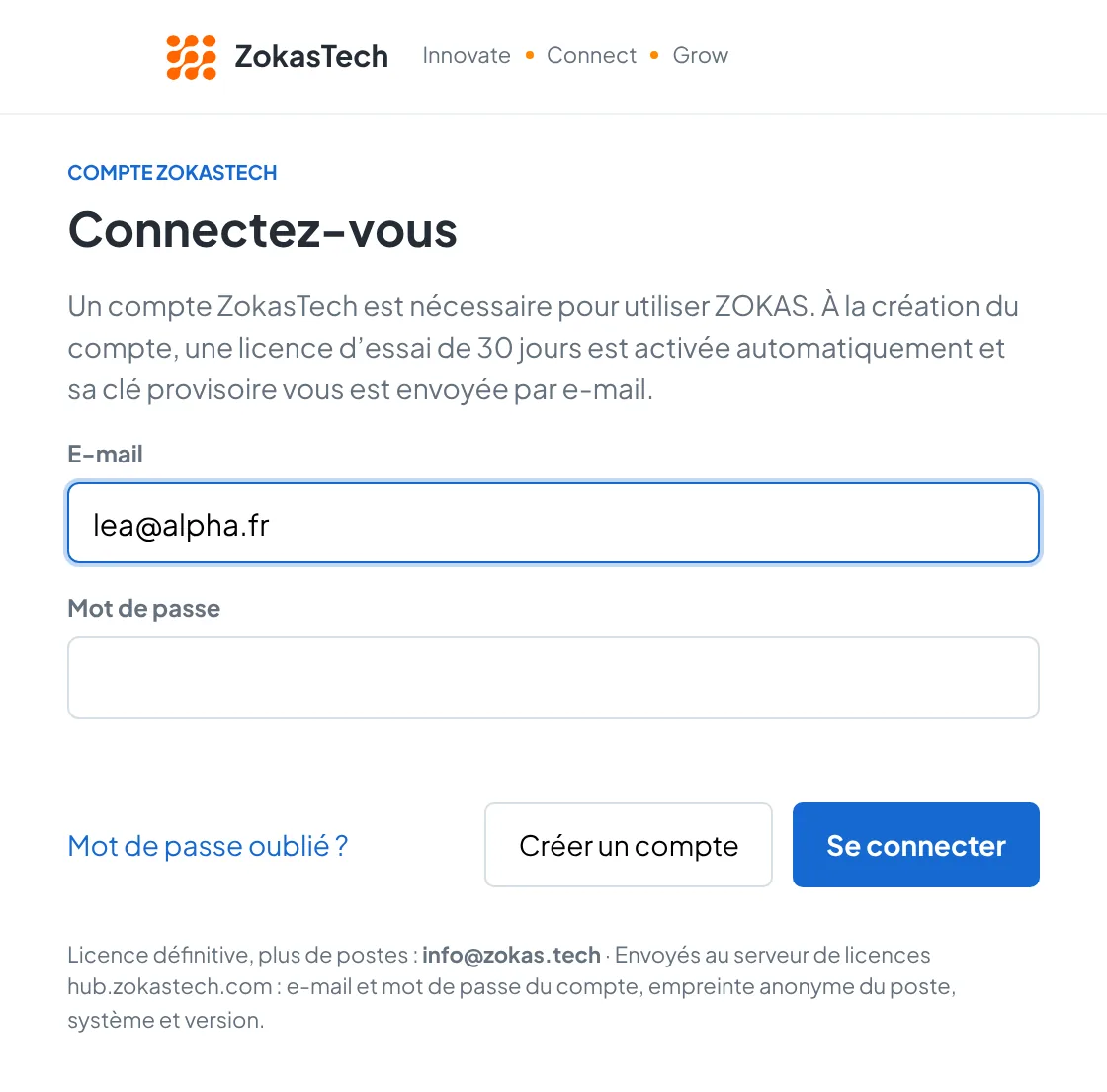 Fenêtre Connectez-vous avec l’e-mail, le mot de passe et les liens Mot de passe oublié et Créer un compte