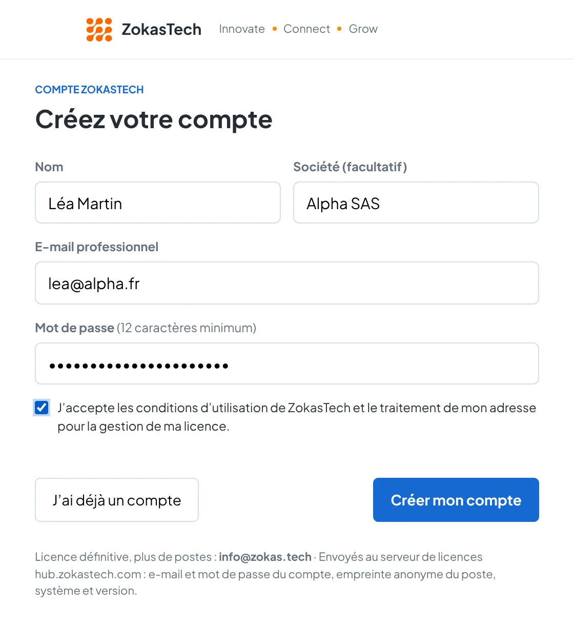 Fenêtre Créez votre compte avec le nom, la société, l’e-mail, le mot de passe et la case des conditions d’utilisation