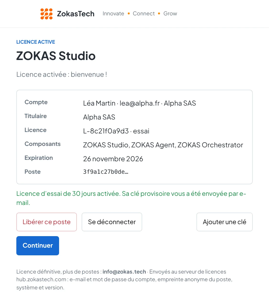 Fenêtre Licence active : compte, titulaire, licence d’essai, composants, expiration et poste