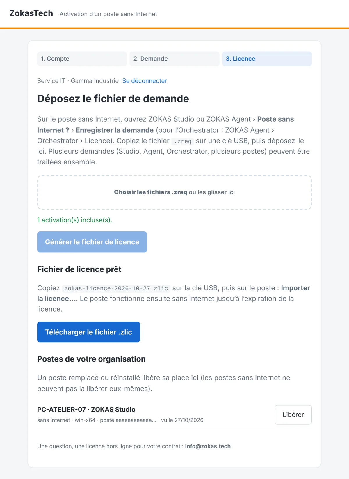 Page d’activation du ZokasTech Hub : demande déposée, fichier de licence prêt et liste des postes de l’organisation