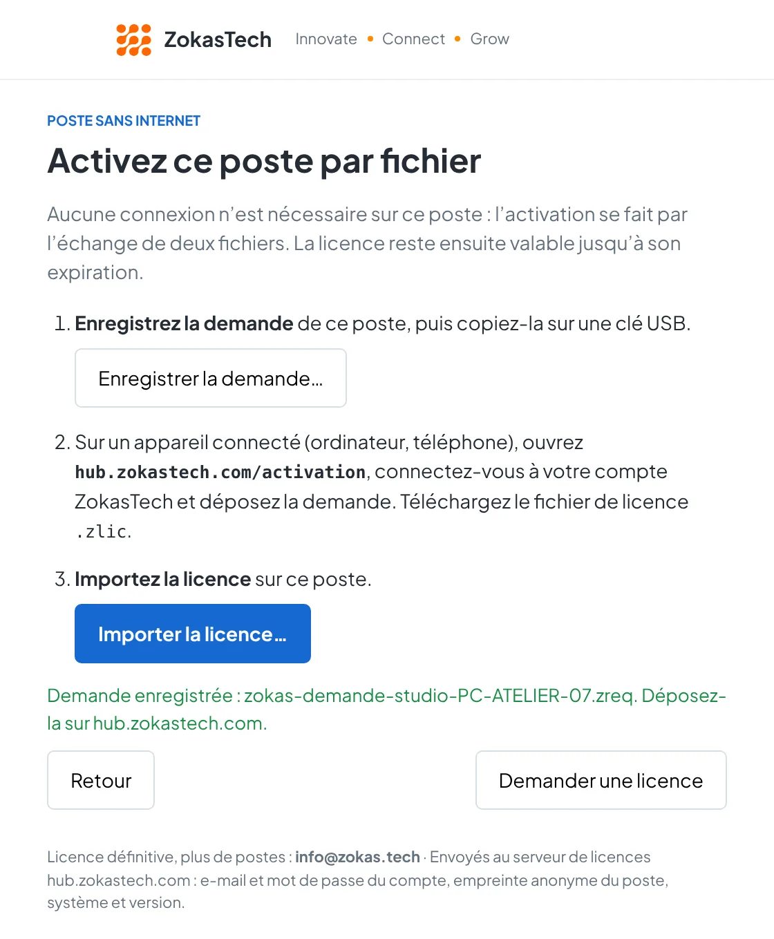 Fenêtre Activez ce poste par fichier : enregistrer la demande, déposer sur la page d’activation, importer la licence