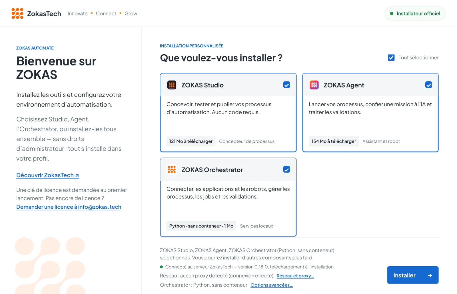 Écran de choix des composants de ZokasTech Setup : Studio, Agent et Orchestrator sélectionnés