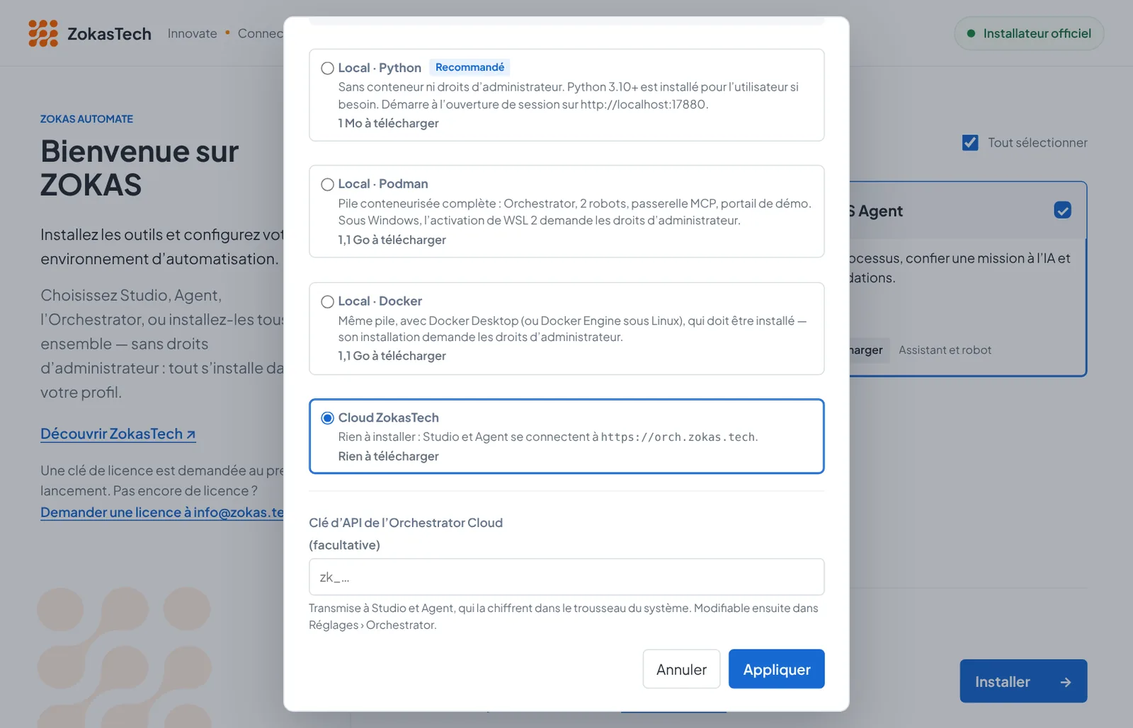 Mode Cloud ZokasTech sélectionné, avec le champ facultatif du jeton personnel