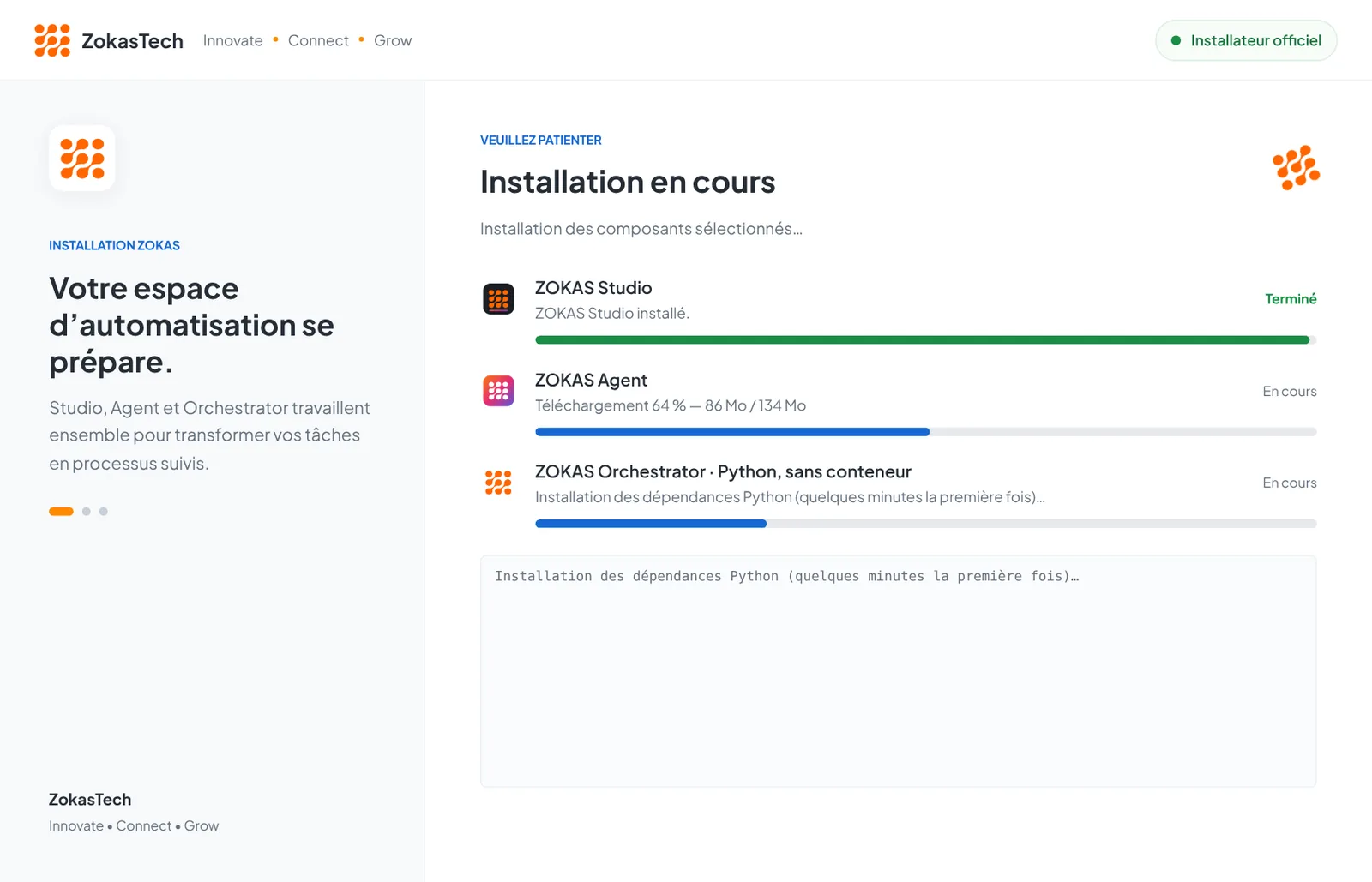 Page de progression : Studio terminé, Agent en téléchargement, Orchestrator en installation