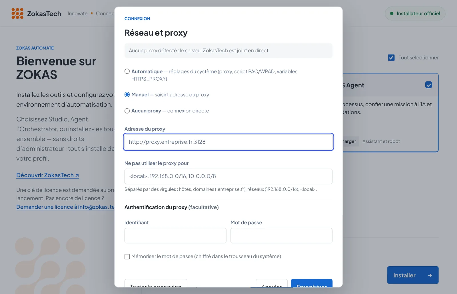 Fenêtre Réseau et proxy en mode Manuel avec l’adresse du proxy de l’entreprise
