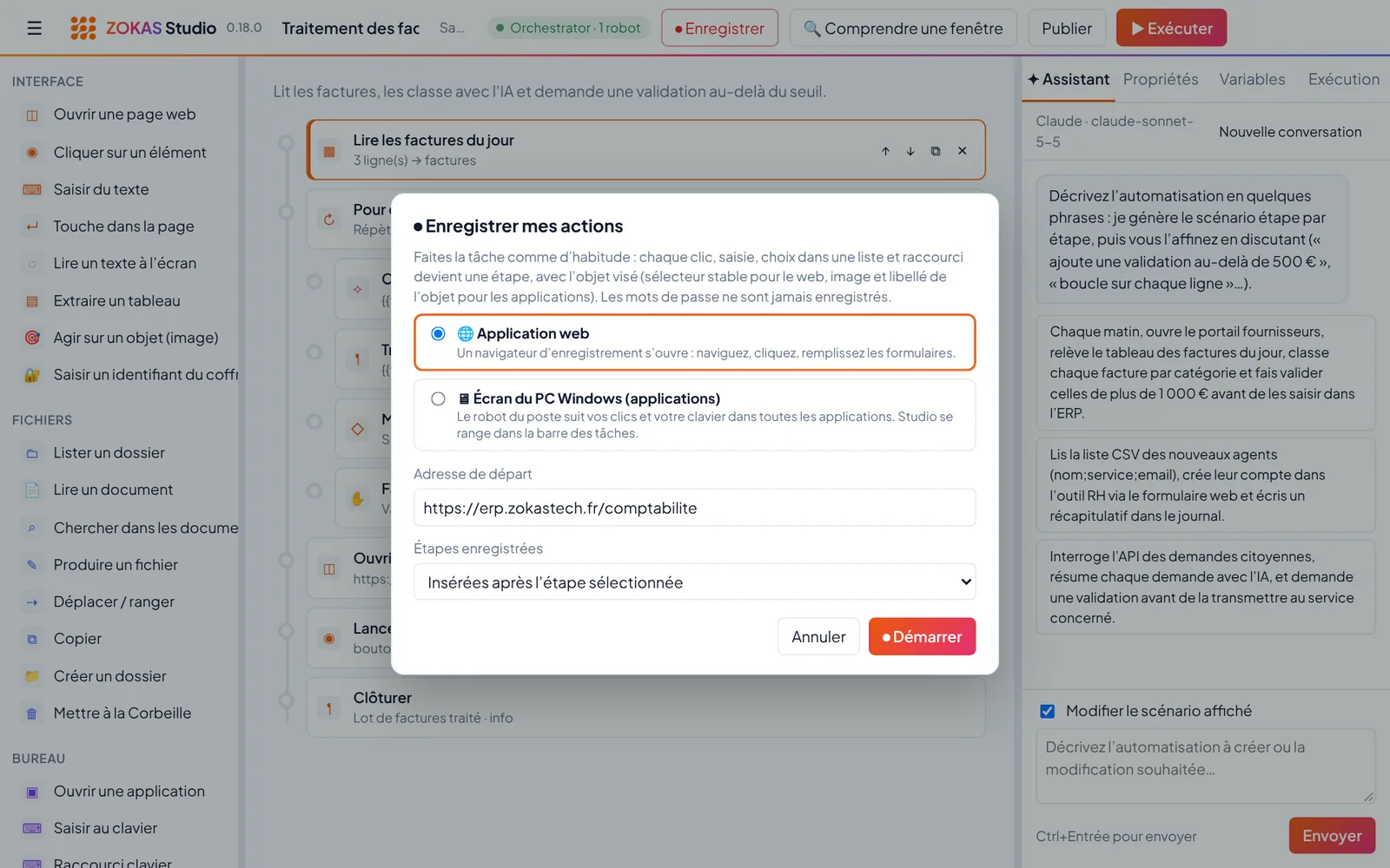 Fenêtre Enregistrer mes actions : application web ou écran du PC Windows, robot du poste, emplacement des étapes enregistrées